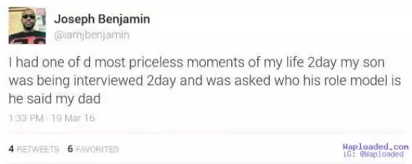 Joseph Benjamin tweets about one of the most priceless moments of his life